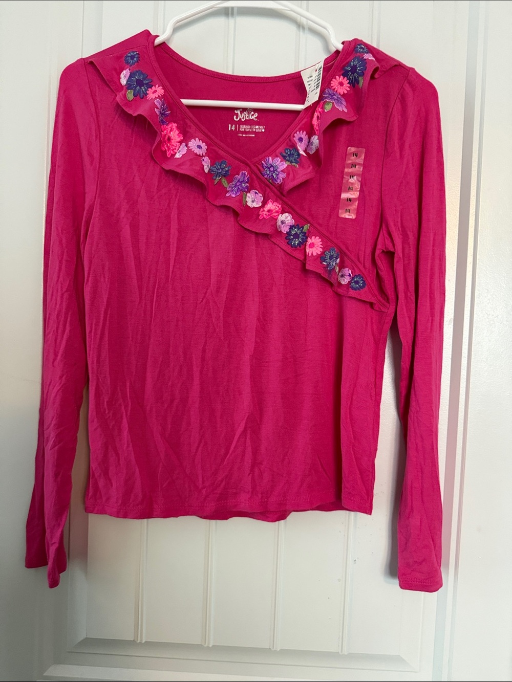 Justice Girls Hot Pink Floral Ruffle Long-Sleeve Top